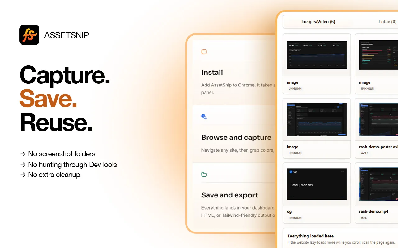 AssetSnip extracting color palettes and gradients from a website