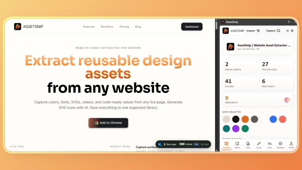 AssetSnip website asset extractor showing captured media, SVGs, colors, fonts, and gradients