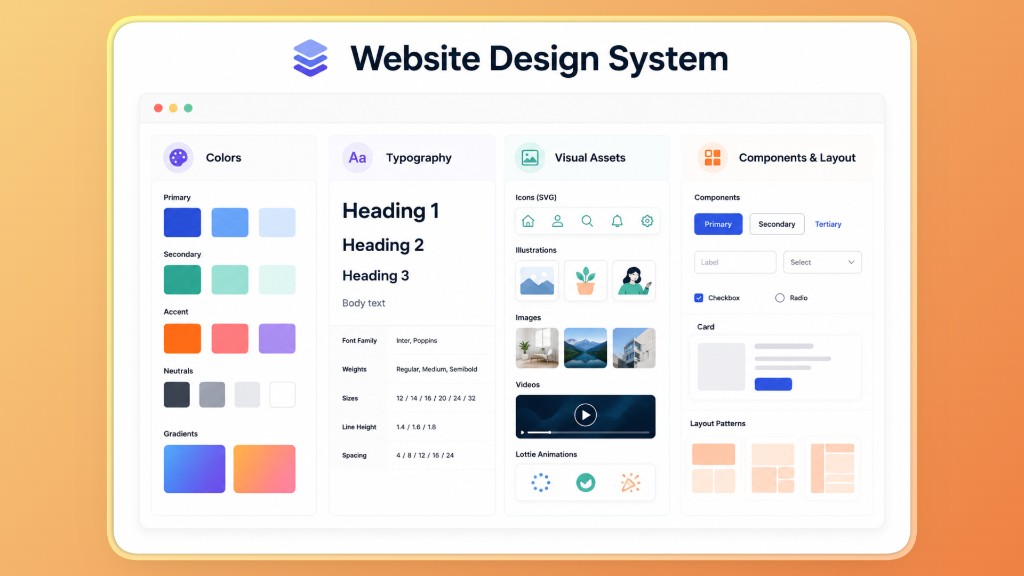 Website design system overview with colors, typography, visual assets, and components